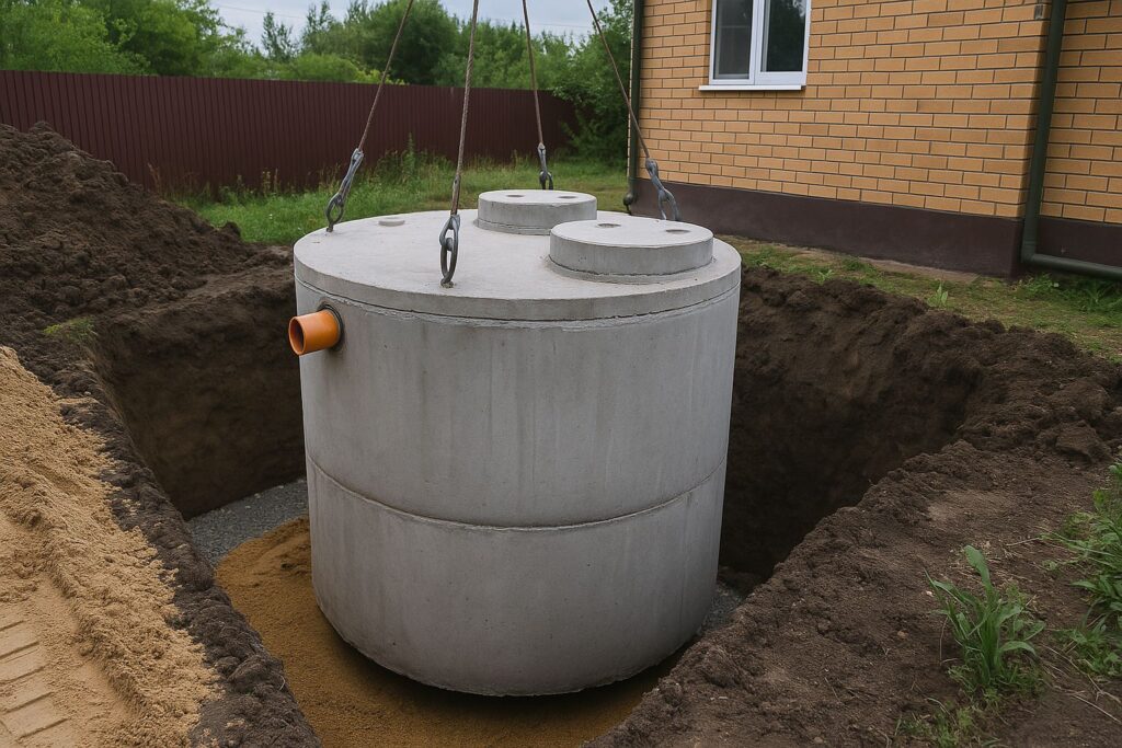 Instalare fosă septică într-o curte rurală – exemplu practic pentru alegerea volumului corect al fosei septice.