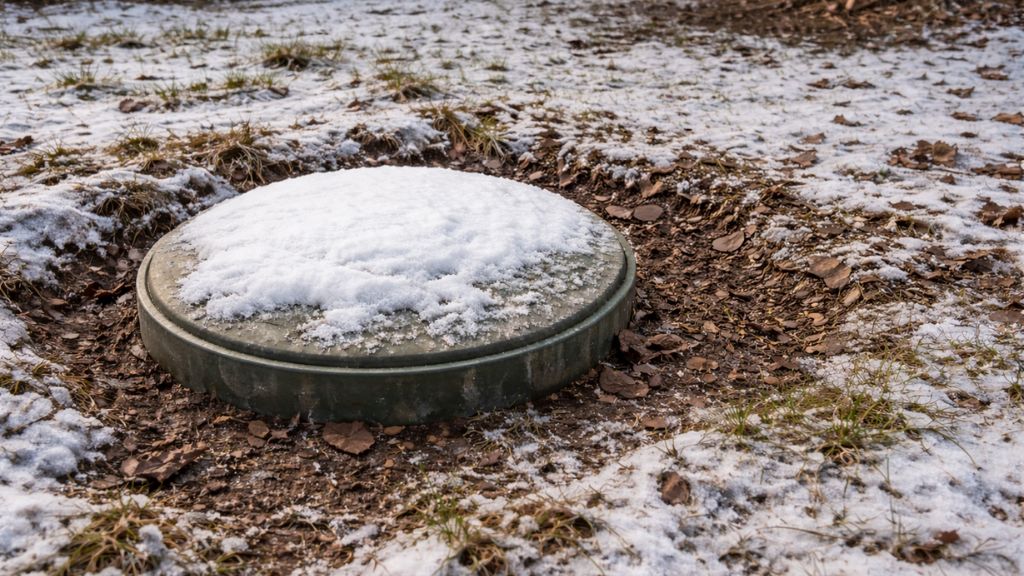 Capac de fosă septică acoperit de zăpadă iarna, cu sol înghețat în jur – ghid despre cum protejezi fosa septică iarna